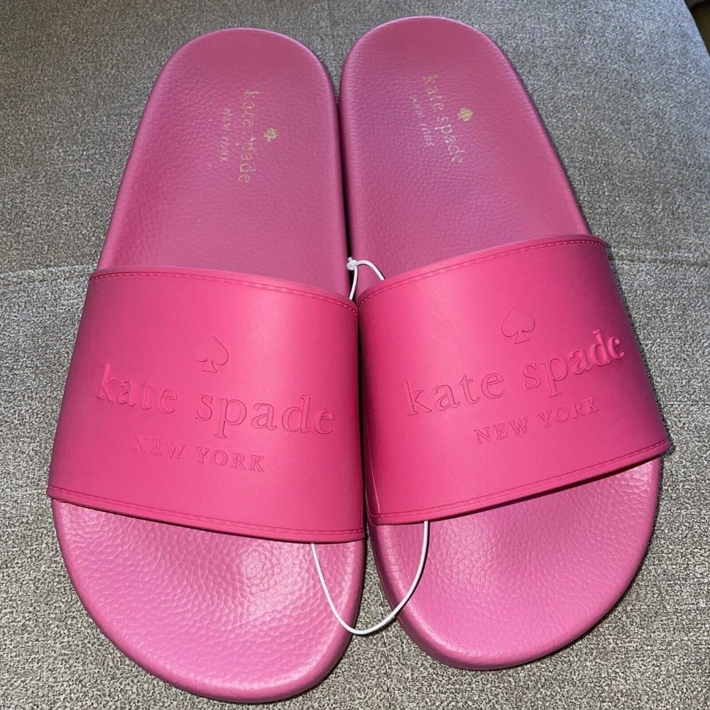 NEW Kate Spade New York Sunny Pink Rose Logo Slides Sandals - Size 9 Bar…